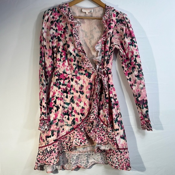 Rococo Sand M Mimi Wrap Dress Pink Watercolor Artsy Puffy Shoulder‎ 100% Cotton - Picture 1 of 16